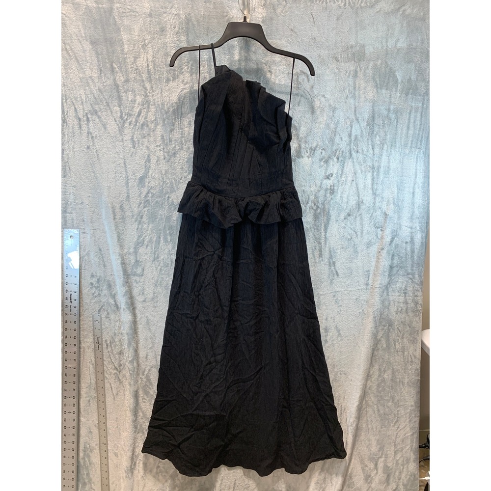 English Factory Black One Shoulder Peplum Maxi Dress Pockets SS942D Womens Large